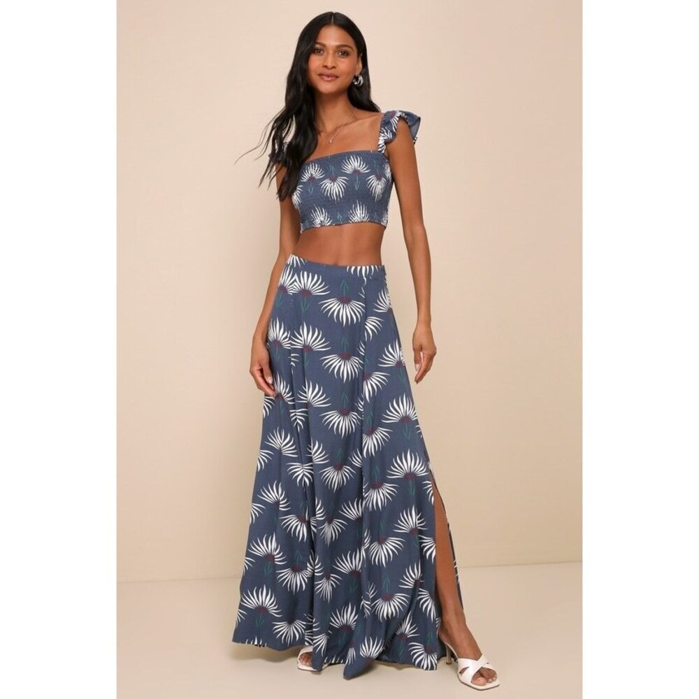 Lulus - Trancoso Dusty Blue Floral Print Two-piece Maxi Dress - Size L